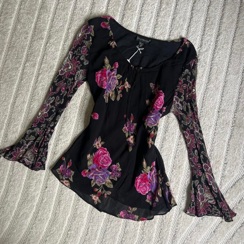 VTG y2k Temptation Black floral blouse size small bell sleeves boho Whimsygoth